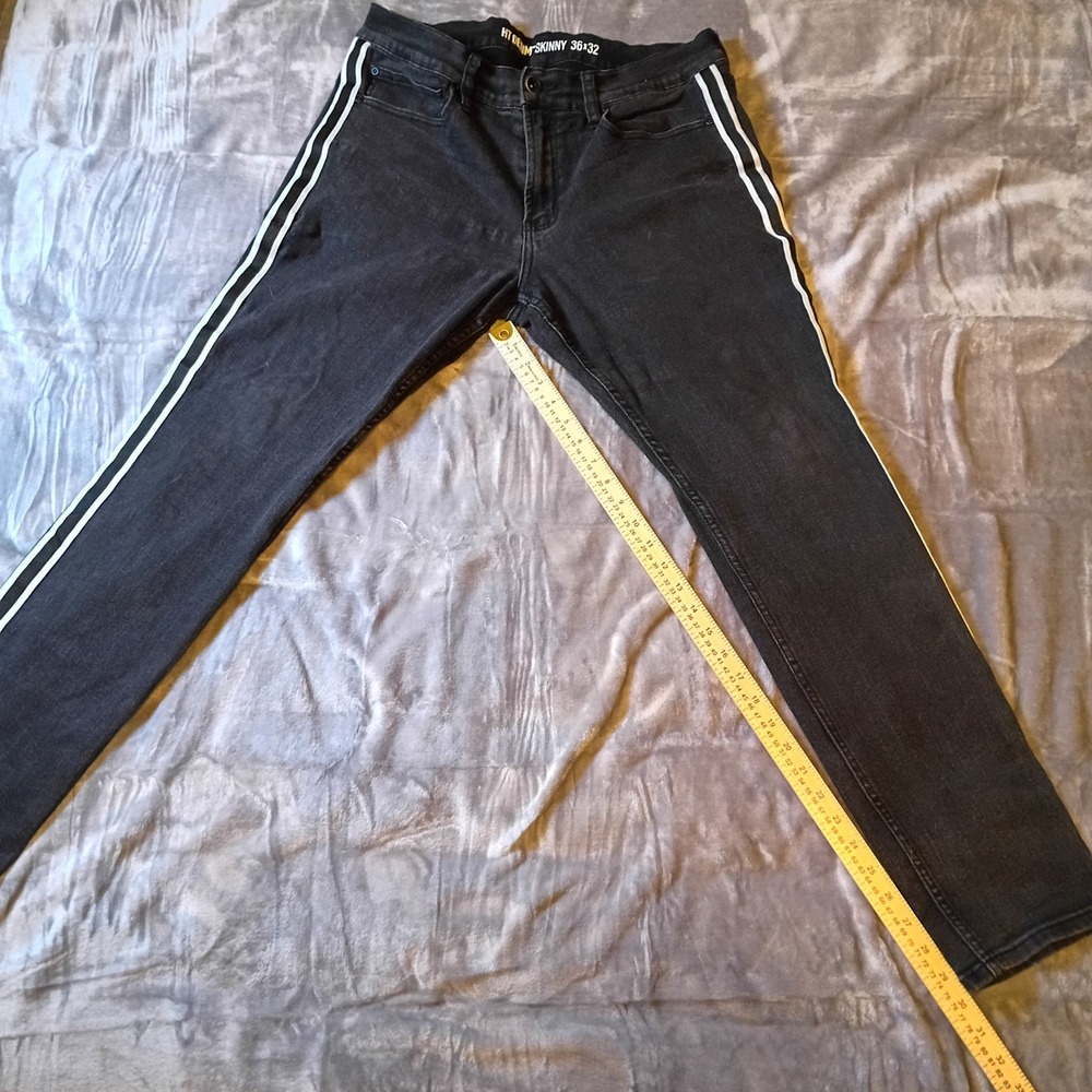 HT Denim Skinny Jeans Mens 36x32 Black White Side Stripe Slim Fit Casual Pants - Picture 8 of 8